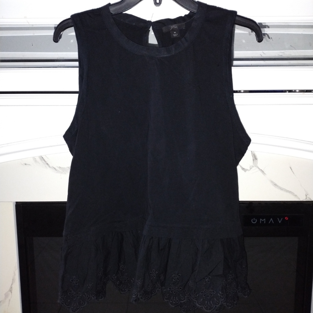 J. Crew | Black Sleeveless Tulip-Back Eyelet Peplum Top - Picture 2 of 8